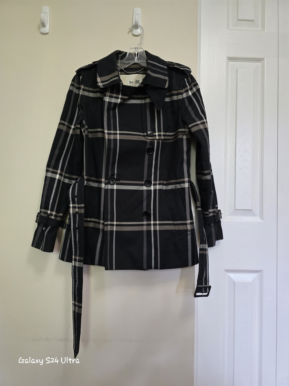 Coach Black Plaid Trench Coat with Gray Stripes - Picture 3 of 6